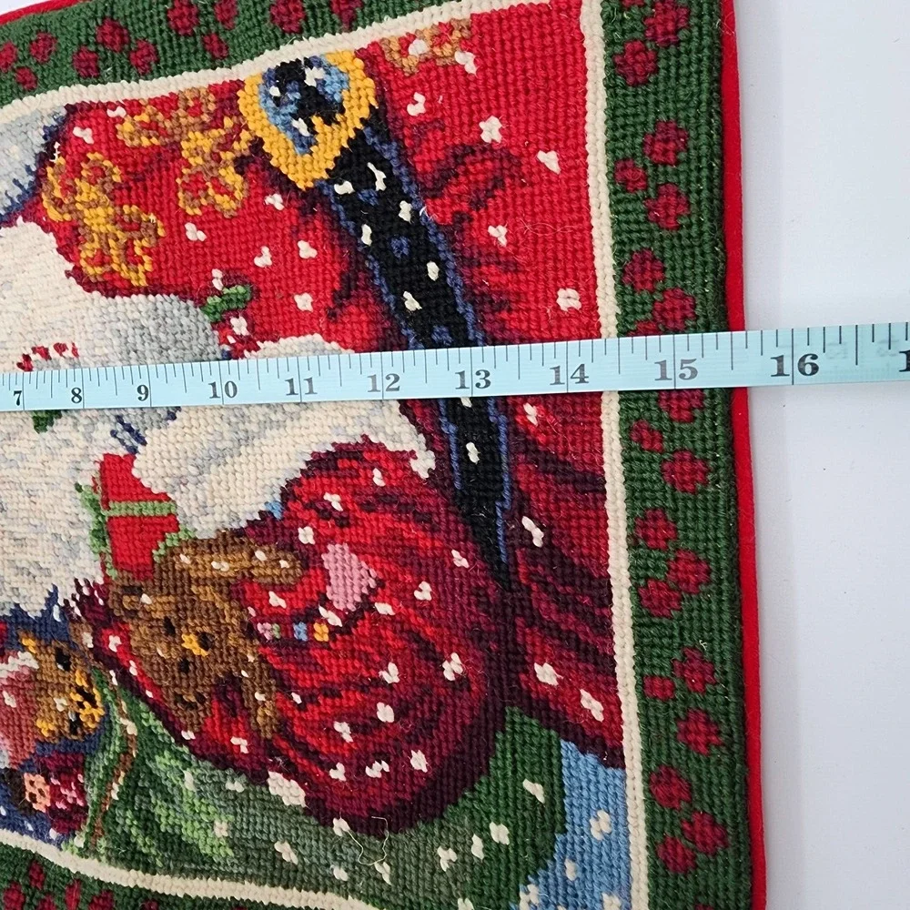 Vintage Needlepoint Christmas Pillow Cover Santa Holding Puppy Velvet Back 15x12